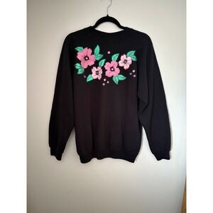 Vintage Hanes HerWay Black Floral Applique Sweatshirt Women's XL Cottagecore Y2K